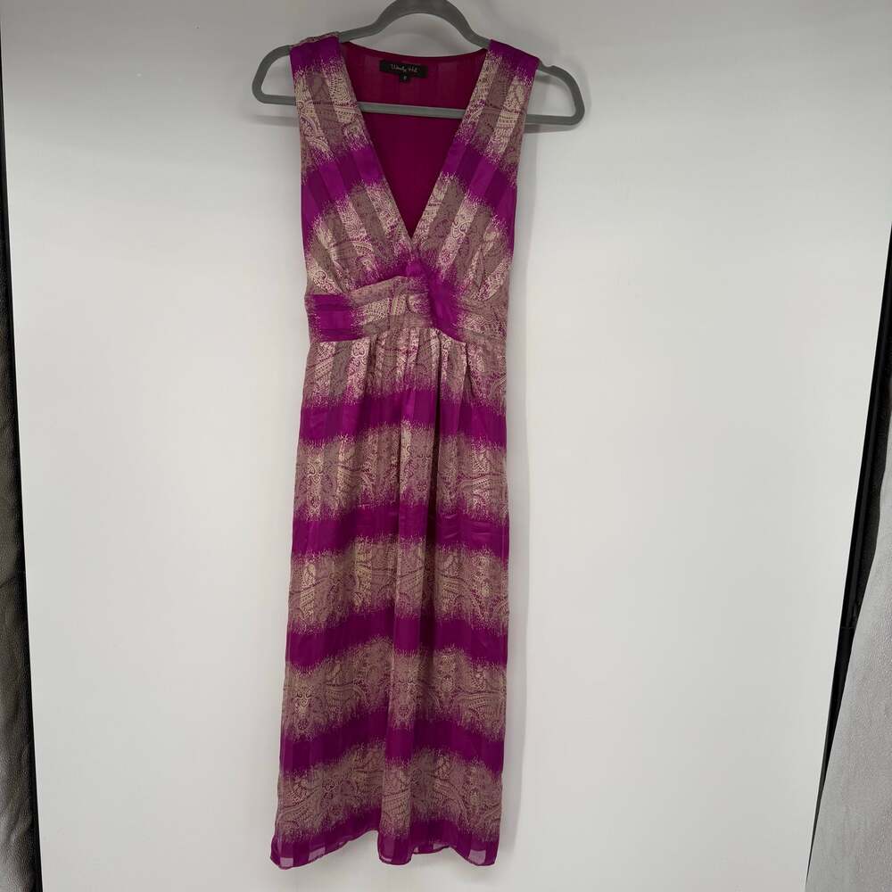 Wendy Hil Striped Printed Midi Silk Dress Women's Size 8 Pink V-Neck Parisian